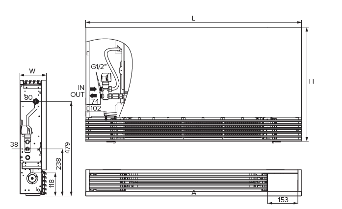 Diagram displaying dimensions of silent series floor-standing fan coil units.