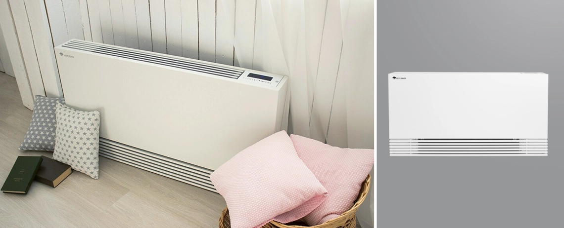 Ultra-slim floor-standing fan coil unit with BLDC motor for efficient air conditioning.