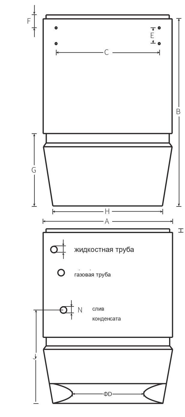 Чертёж габаритных размеров агрегатов Mycond OXA-530N и OXA-670N