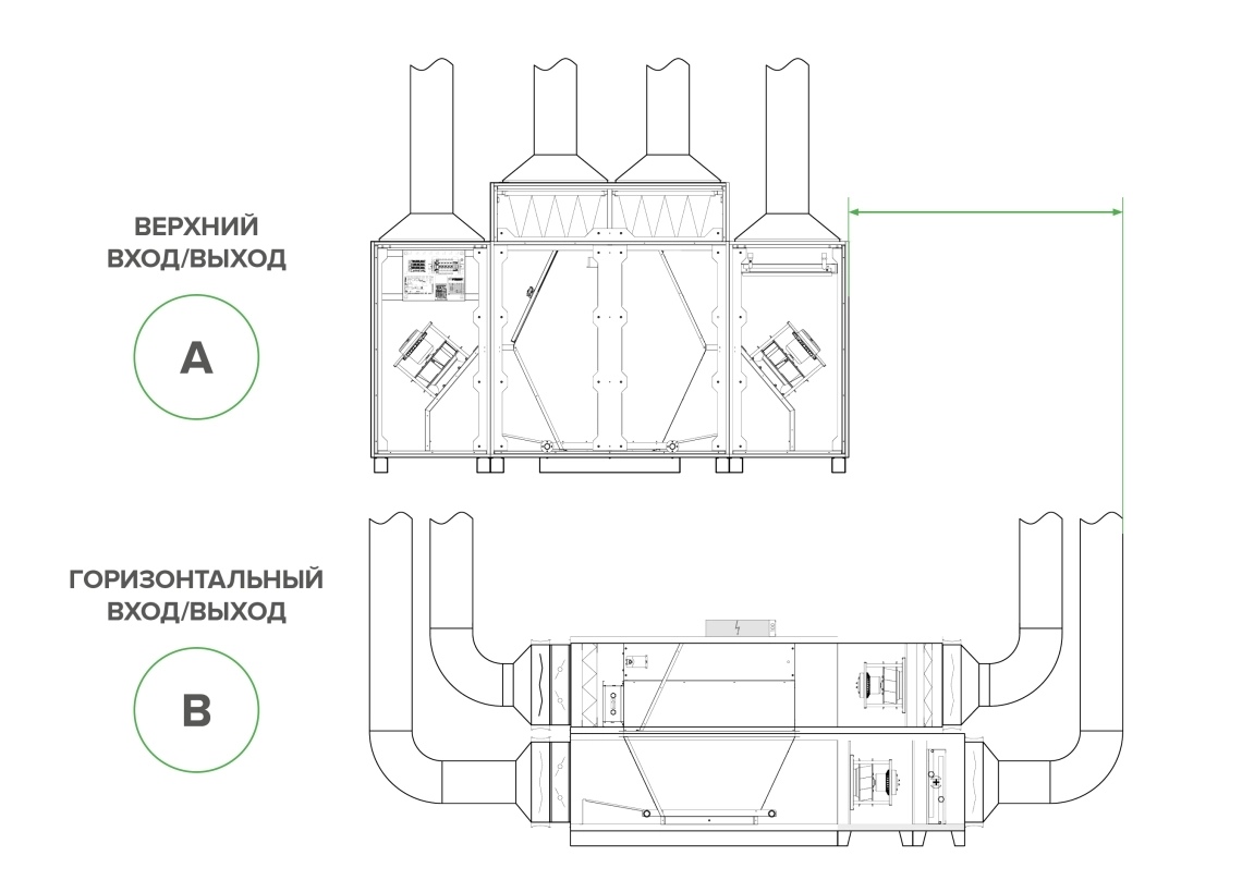 MyCond BreezMe FT technical drawing with dimensions and location of inlet/outlet openings