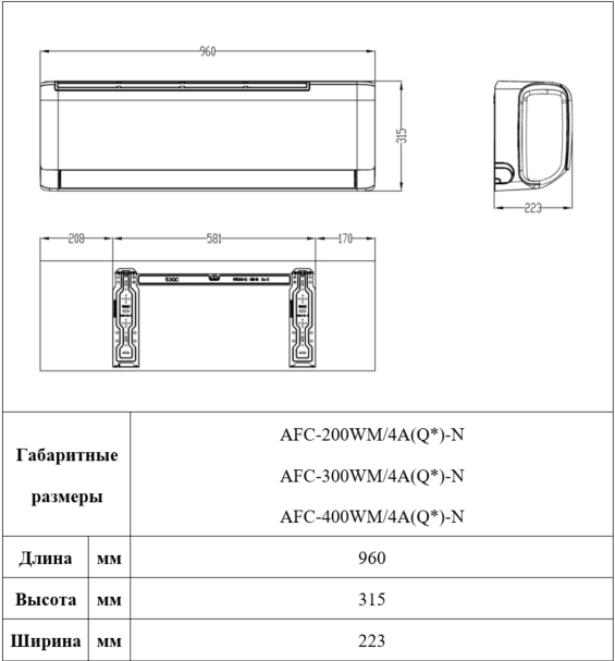 Настенные фанкойлы серии MHW Q габаритные размеры 1