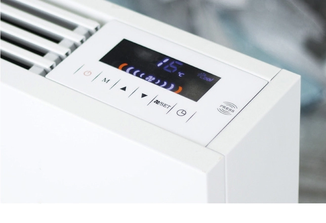 Sleek floor-standing fan coil unit for efficient and quiet air conditioning.